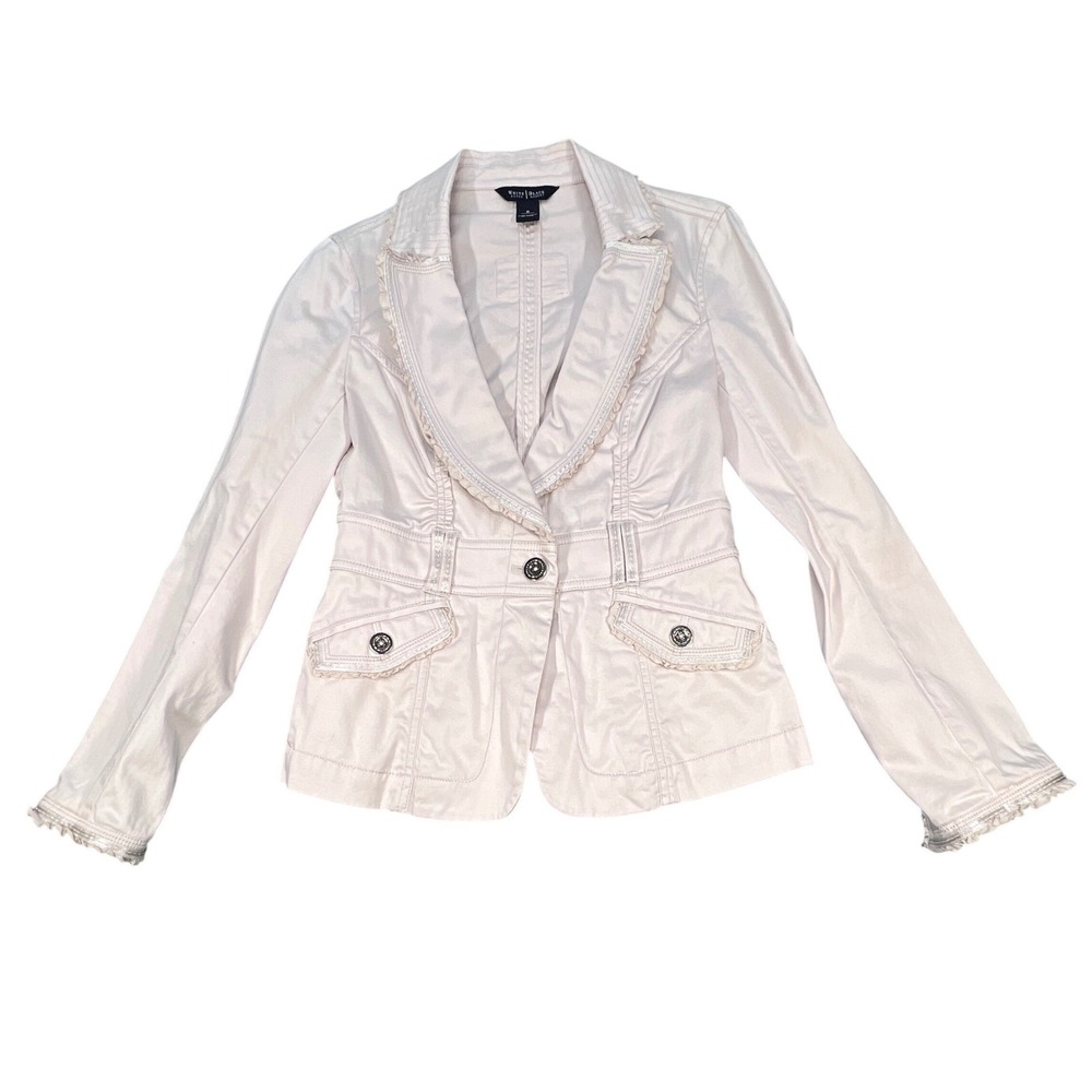 White House Black Market Pink Ruffle Trim Button Blazer Jacket Womens 0